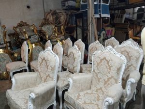 باسازی مبلمان استیل. تغییر رنگ از گردویی به استخوانی و تعویض با رویه ترک