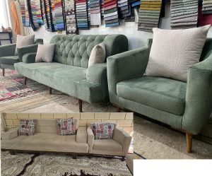 قبل و بعد از تعمیر مبل راحتی، لمسه کاری، تعمیرات مبل پرنیان تهران